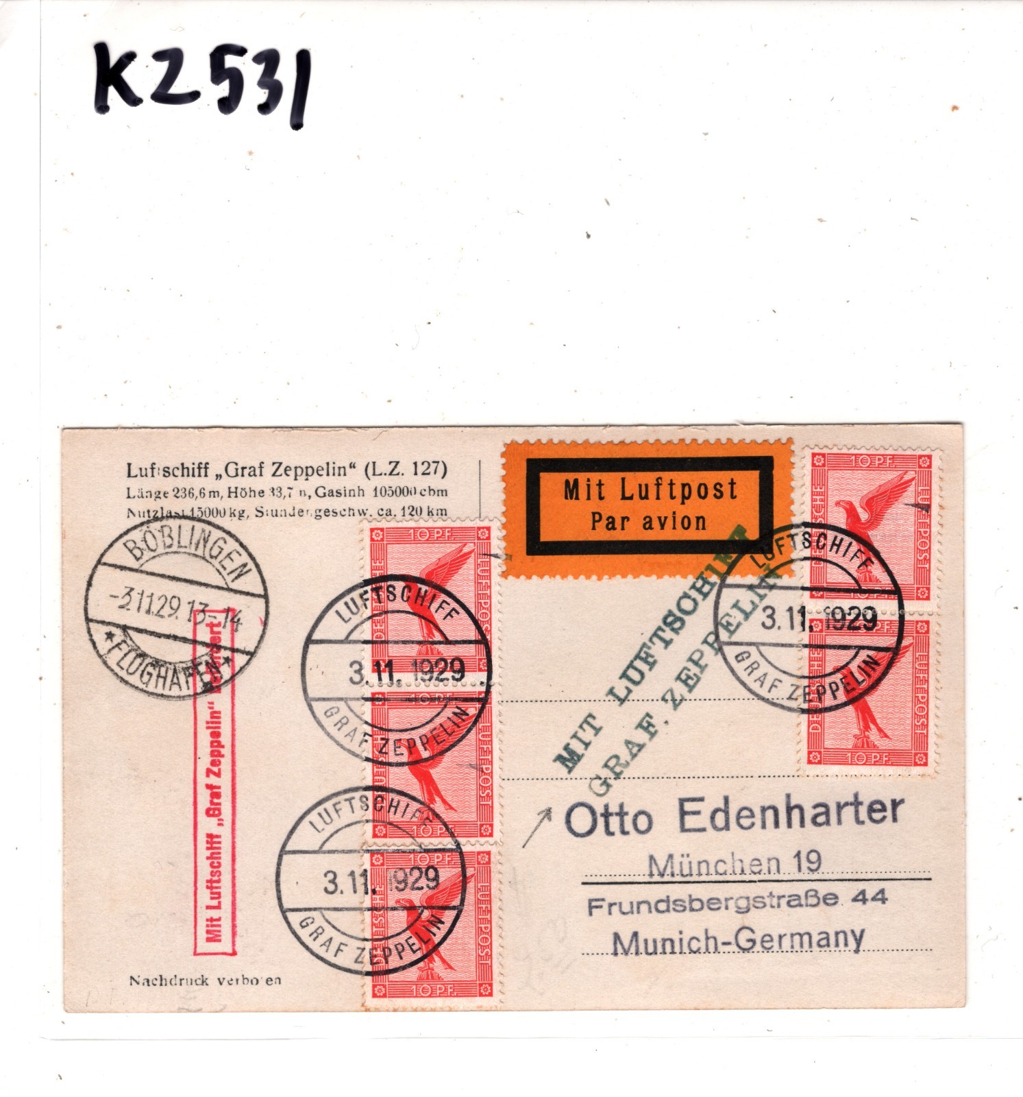 GRAF ZEPPELIN An Bord GERMANY Air Card 1929 *LUFTSCHIFF BEFÖRDERT* Cachet KZ531 - Image 6