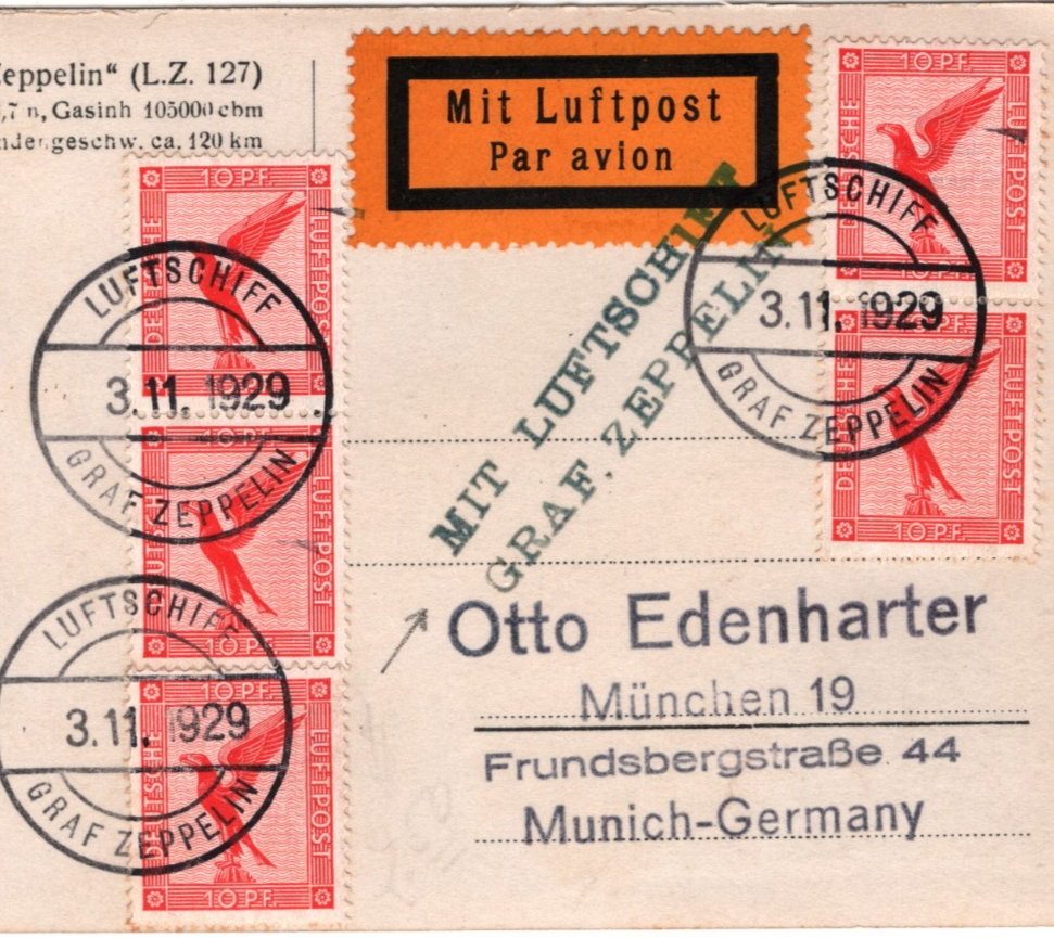 GRAF ZEPPELIN An Bord GERMANY Air Card 1929 *LUFTSCHIFF BEFÖRDERT* Cachet KZ531