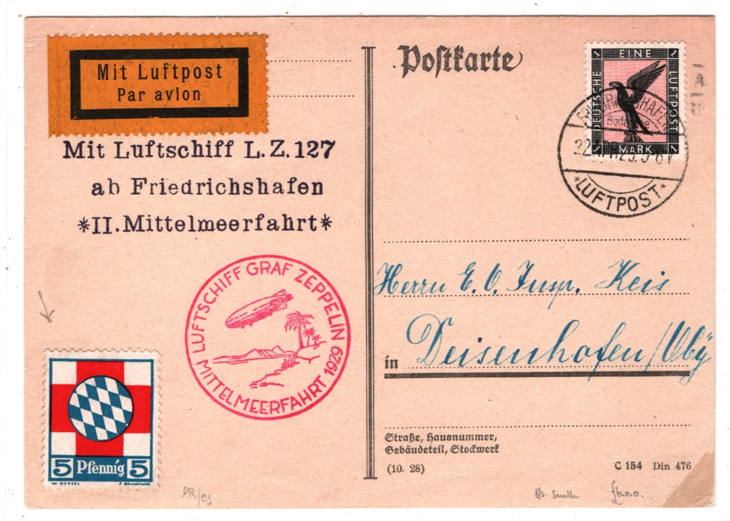 GRAF ZEPPELIN Card 1M 1929 *MITTELMEERFAHRT* 5pf BAVARIA RED CROSS Sevilla KZ542 - Image 3