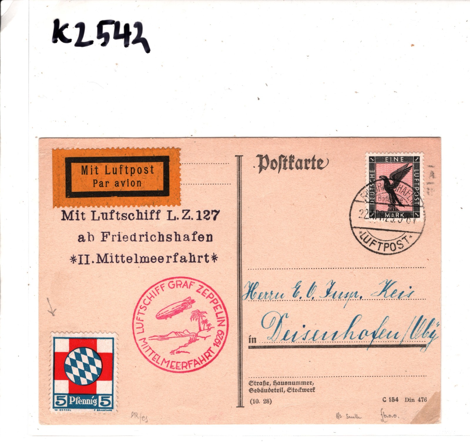 GRAF ZEPPELIN Card 1M 1929 *MITTELMEERFAHRT* 5pf BAVARIA RED CROSS Sevilla KZ542 - Image 7