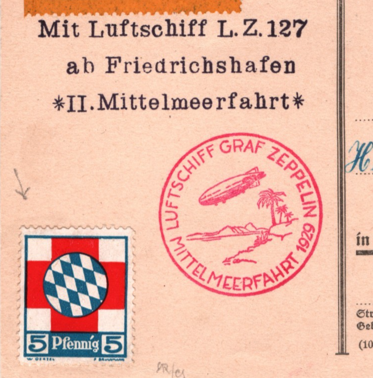 GRAF ZEPPELIN Card 1M 1929 *MITTELMEERFAHRT* 5pf BAVARIA RED CROSS Sevilla KZ542