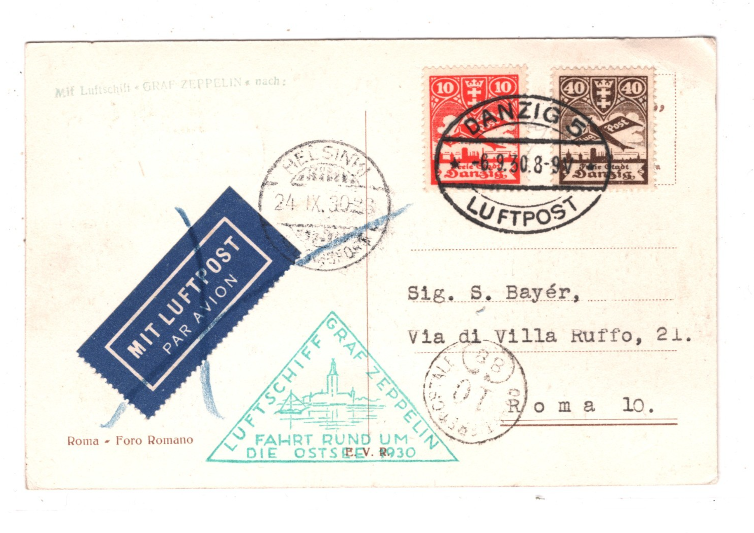 GRAF ZEPPELIN Card *DANZIG* Italy Air Mail OSTSEE FINLAND Triangular Rome! KZ436 - Image 3