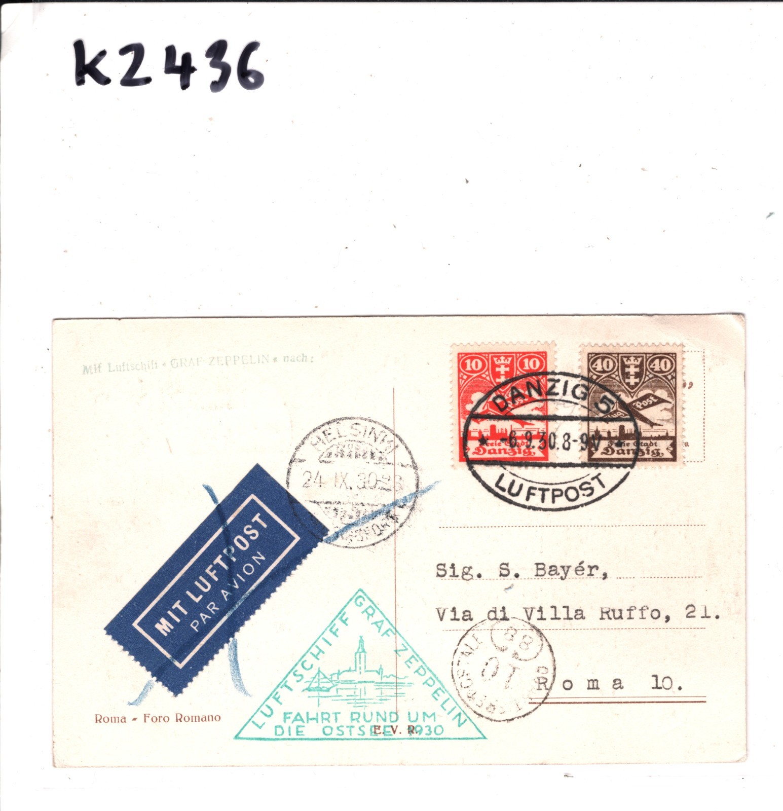 GRAF ZEPPELIN Card *DANZIG* Italy Air Mail OSTSEE FINLAND Triangular Rome! KZ436 - Image 5