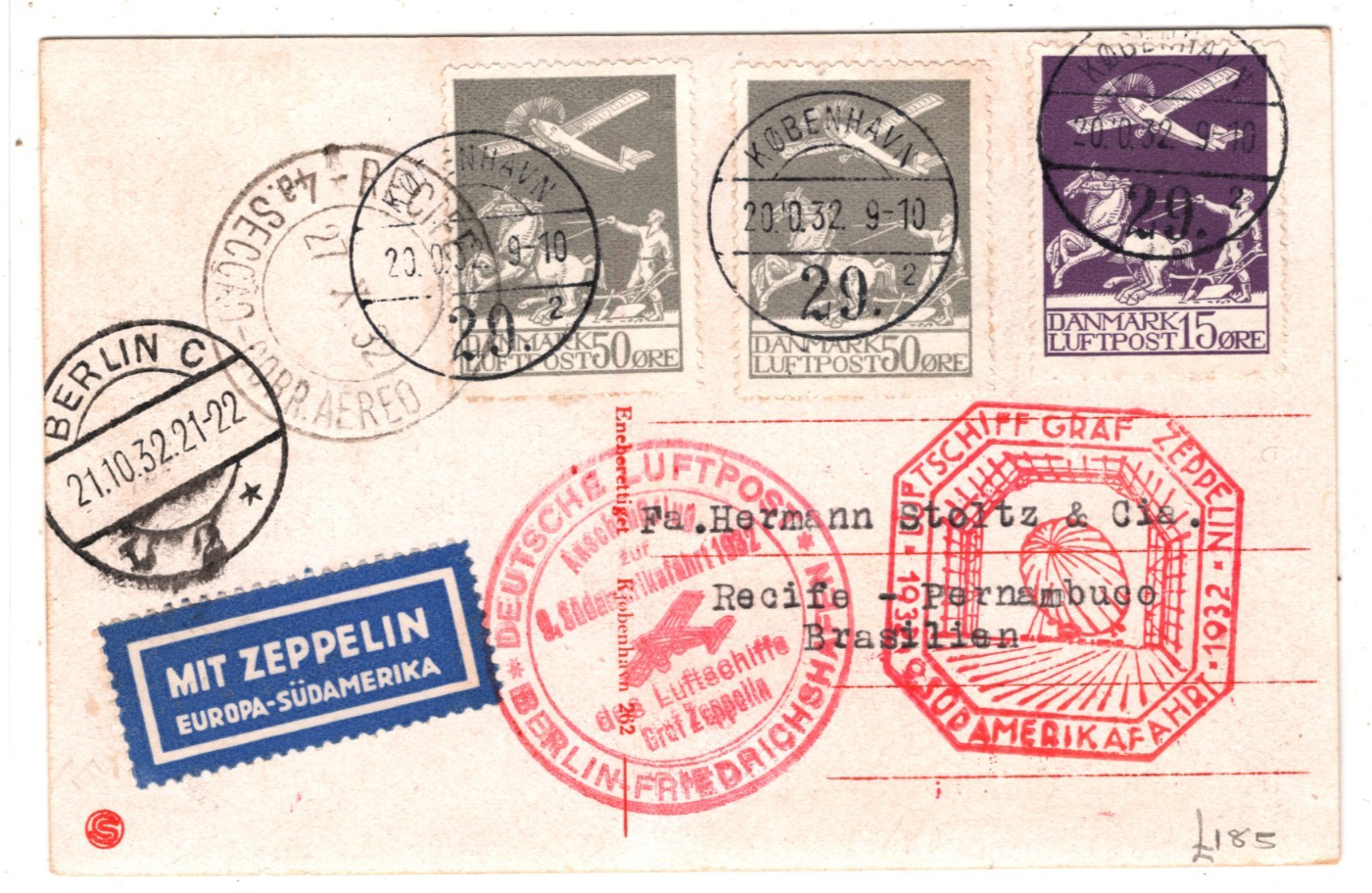 GRAF ZEPPELIN Card *DENMARK* Air Mail SÜDAMERIKAFAHRT Cachets 1932 Brazil KZ247 - Image 2