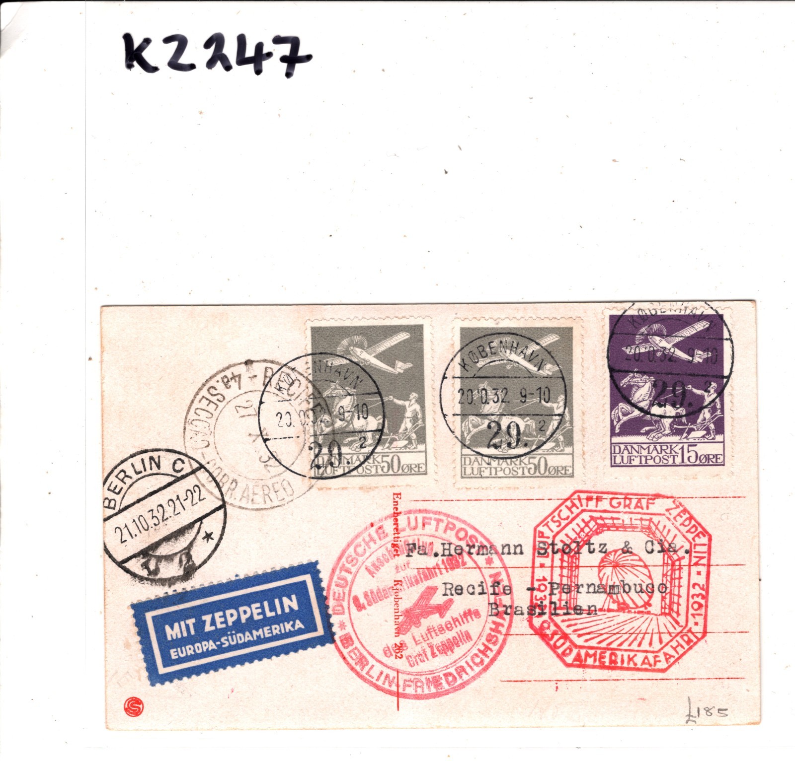 GRAF ZEPPELIN Card *DENMARK* Air Mail SÜDAMERIKAFAHRT Cachets 1932 Brazil KZ247 - Image 4