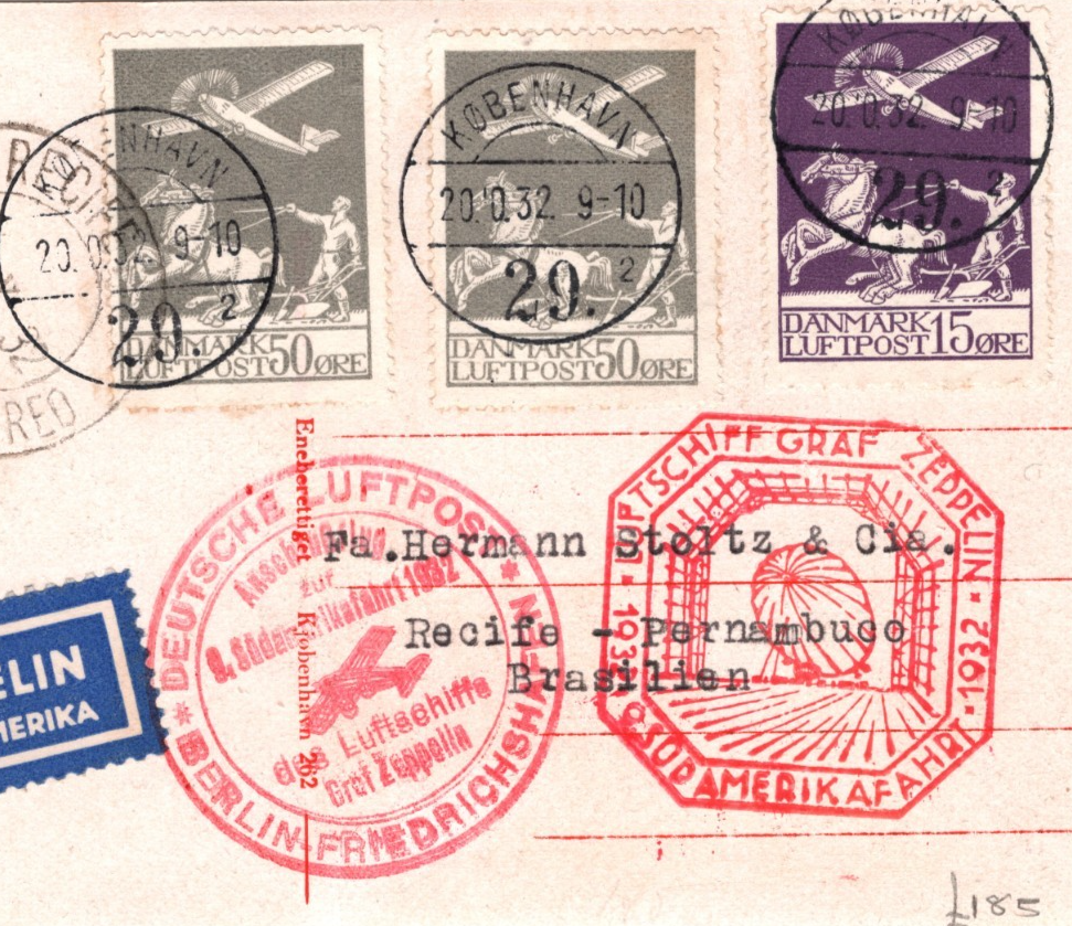 GRAF ZEPPELIN Card *DENMARK* Air Mail SÜDAMERIKAFAHRT Cachets 1932 Brazil KZ247