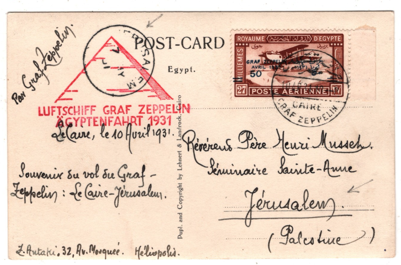 GRAF ZEPPELIN Card EGYPT Air 1931 ÄGYPTENFAHRT Cairo *JERUSALEM* Palestine KZ304 - Image 2