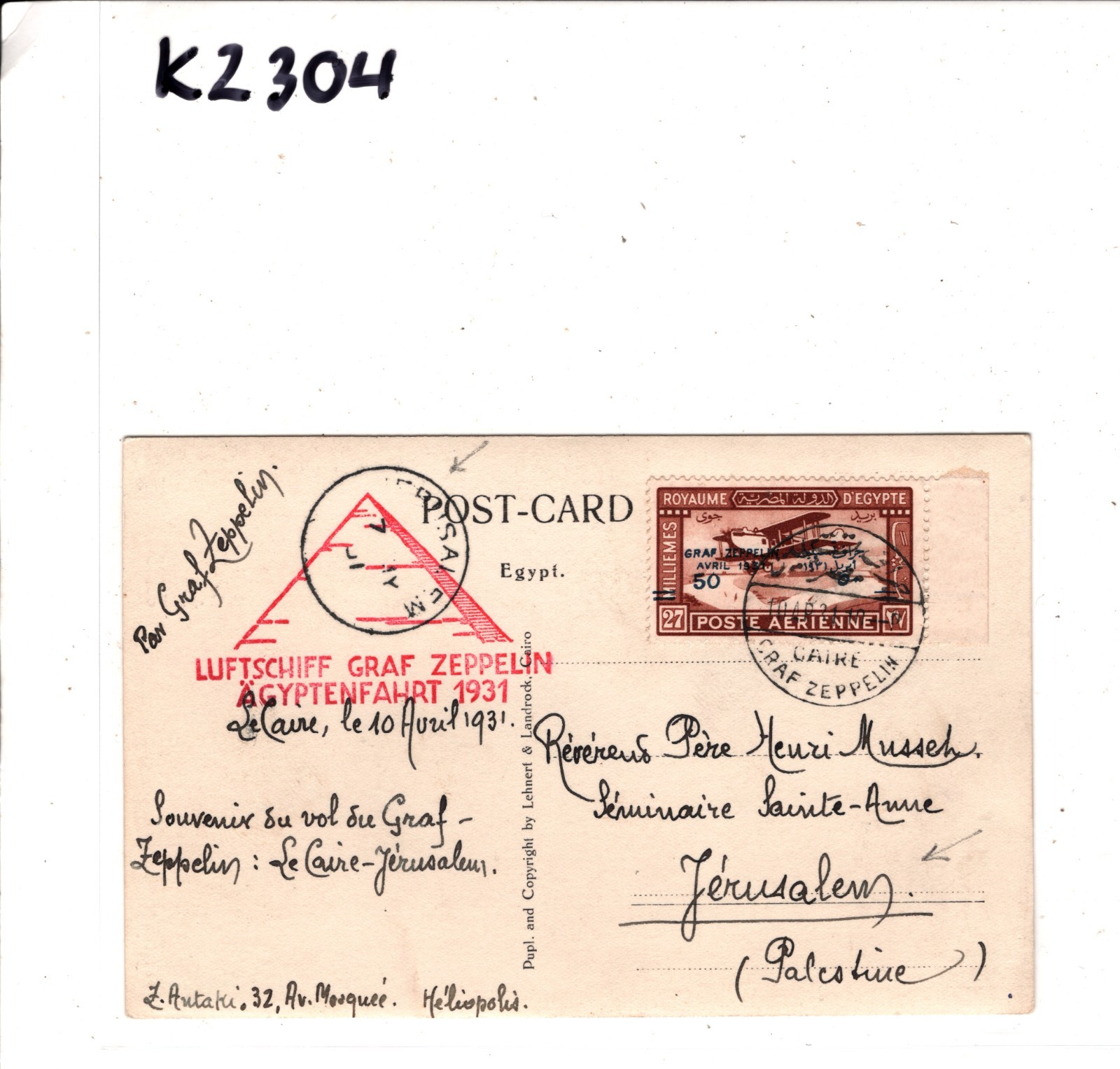 GRAF ZEPPELIN Card EGYPT Air 1931 ÄGYPTENFAHRT Cairo *JERUSALEM* Palestine KZ304 - Image 4