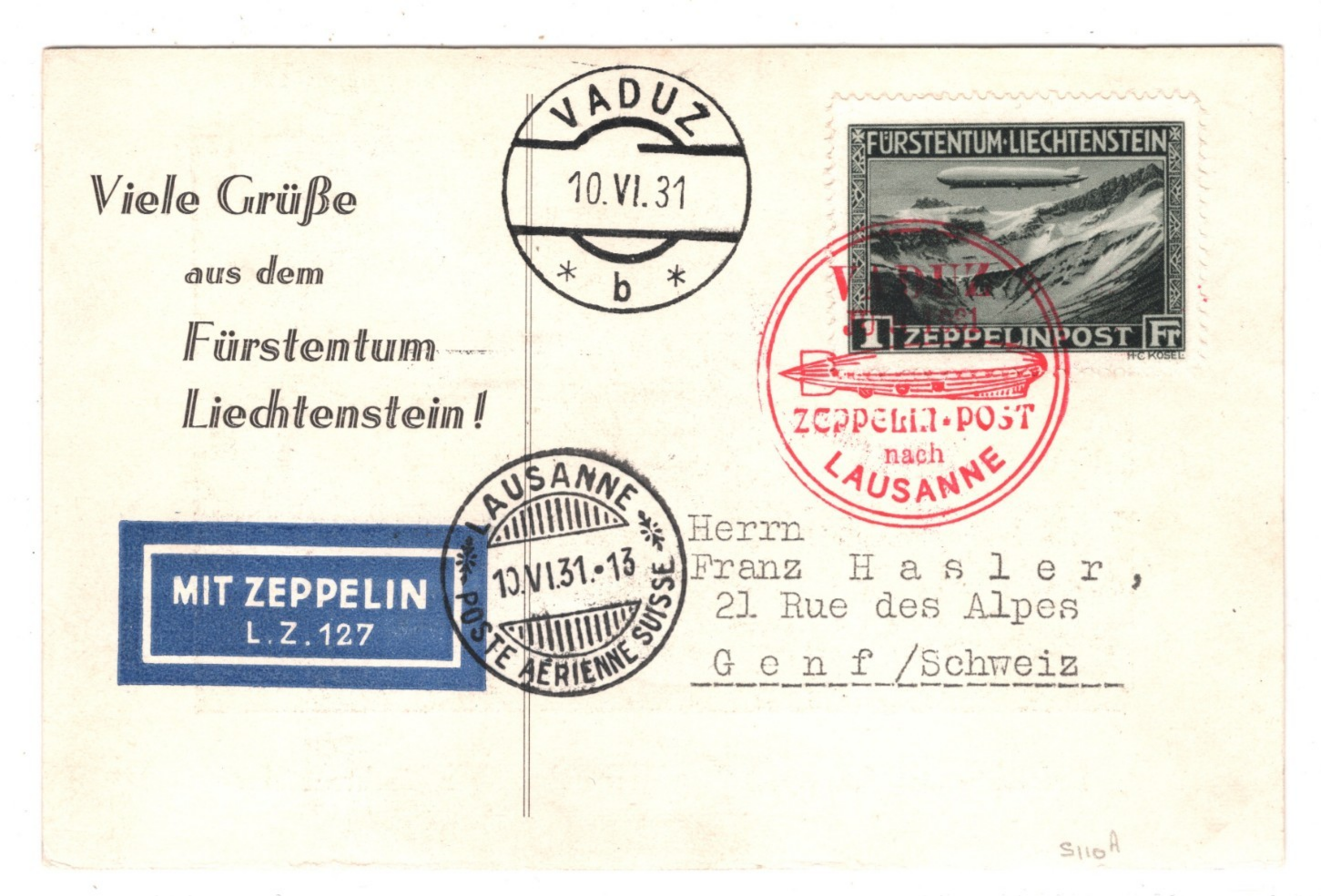 GRAF ZEPPELIN Card *LIECHTENSTEIN* 1Fr Air Mail Stamp Vaduz 1931 Geneva KZ415 - Image 3