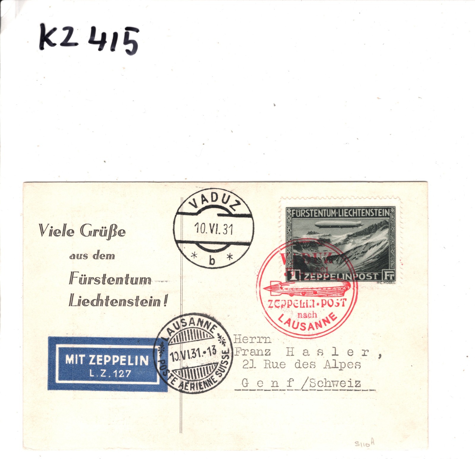 GRAF ZEPPELIN Card *LIECHTENSTEIN* 1Fr Air Mail Stamp Vaduz 1931 Geneva KZ415 - Image 5