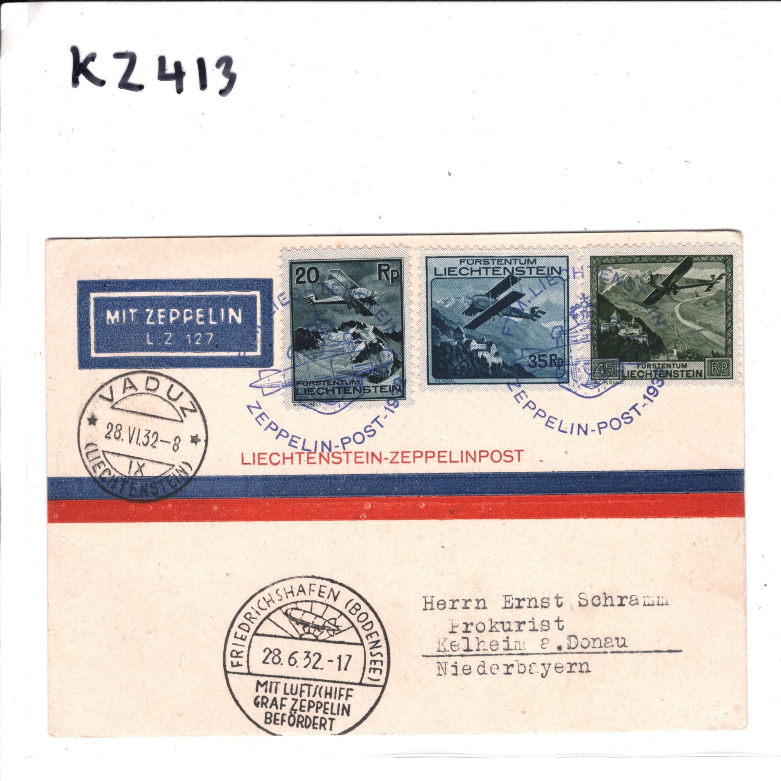 GRAF ZEPPELIN Card *LIECHTENSTEIN* Treaty Air Mail Vaduz 1932 Germany KZ413 - Image 4