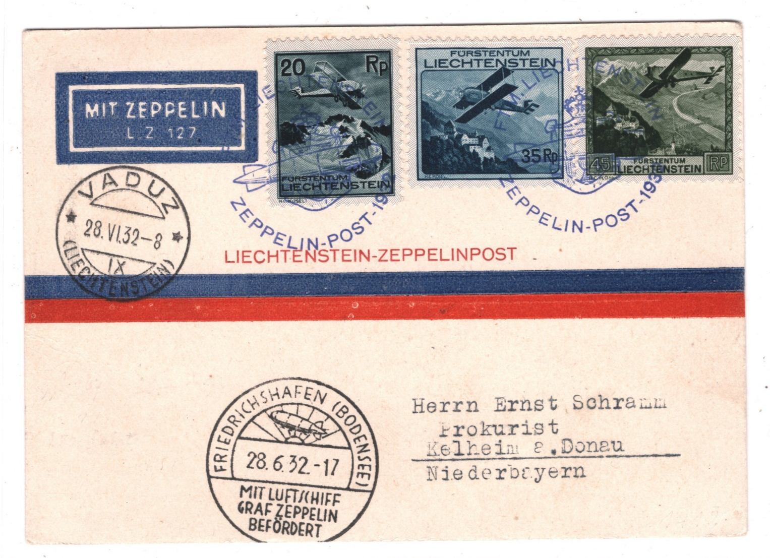 GRAF ZEPPELIN Card *LIECHTENSTEIN* Treaty Air Mail Vaduz 1932 Germany KZ413