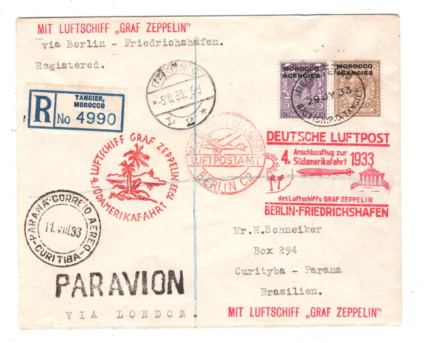 GRAF ZEPPELIN Card *MOROCCO AGENCIES* KGV GB O/p Air 1933 4.SÜDAMERIKFAHRT KZ444 - Image 3