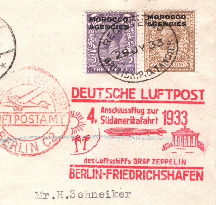 GRAF ZEPPELIN Card *MOROCCO AGENCIES* KGV GB O/p Air 1933 4.SÜDAMERIKFAHRT KZ444
