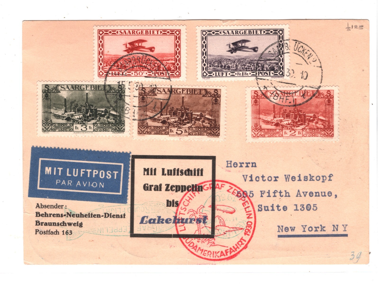 GRAF ZEPPELIN Card SAAR Air Mail *VOLKSHILFE* Franking SÜDAMERIKAFAHRT USA KZ435 - Image 3