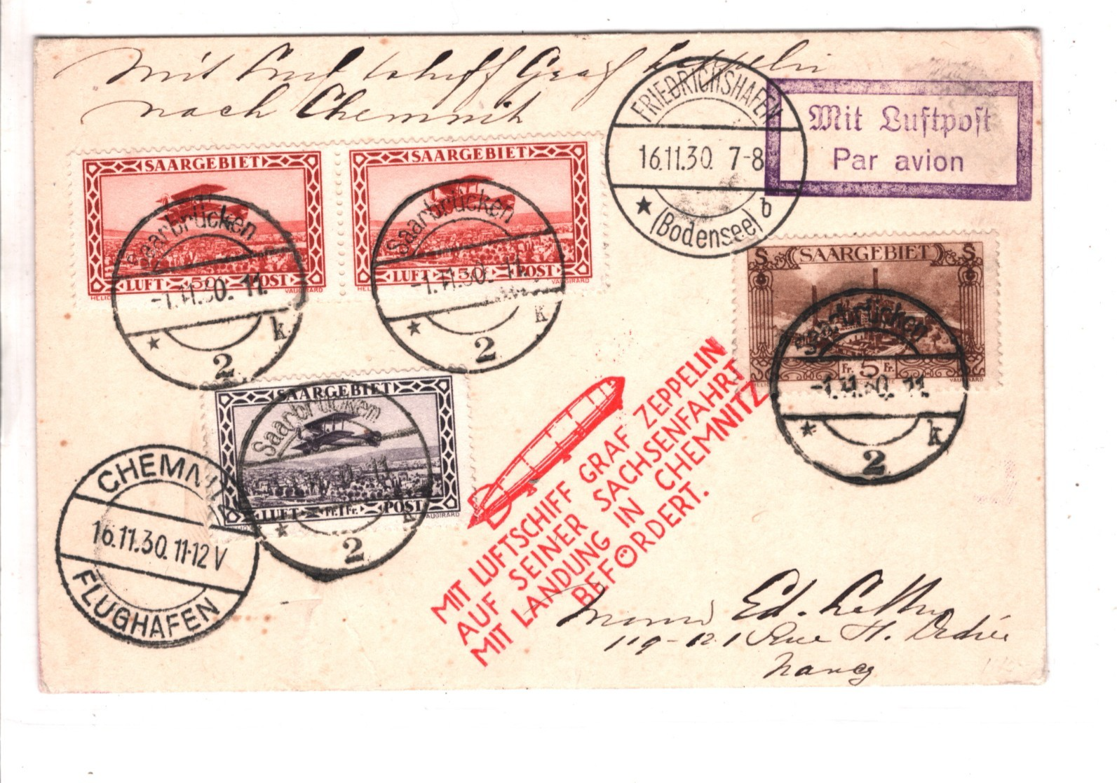 GRAF ZEPPELIN Card *SAAR* Germany 1930 Air Mail SACHSENFAHRT Chemnitz KZ434 - Image 3