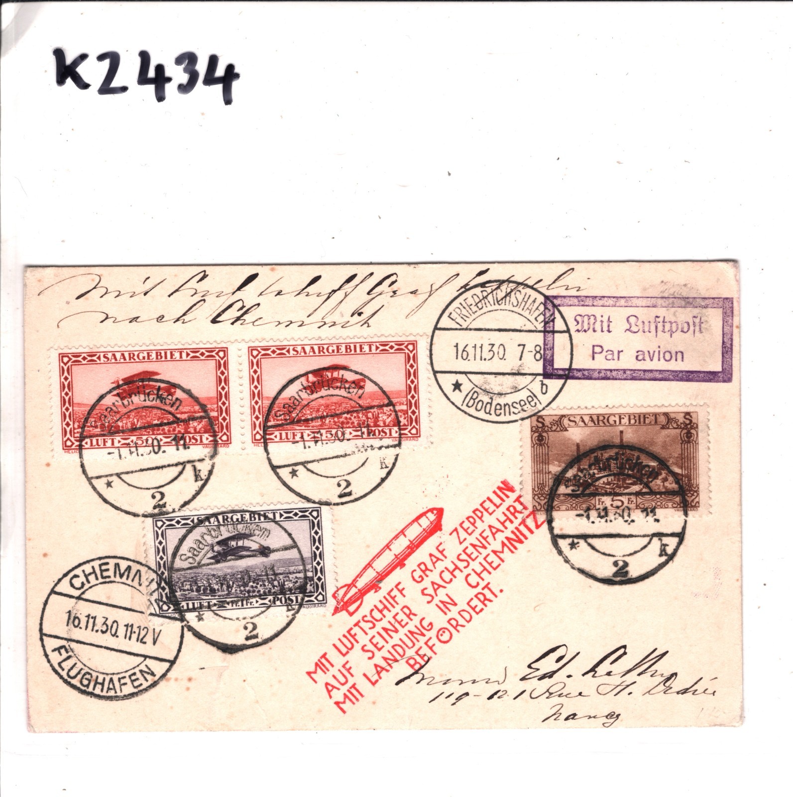 GRAF ZEPPELIN Card *SAAR* Germany 1930 Air Mail SACHSENFAHRT Chemnitz KZ434 - Image 5