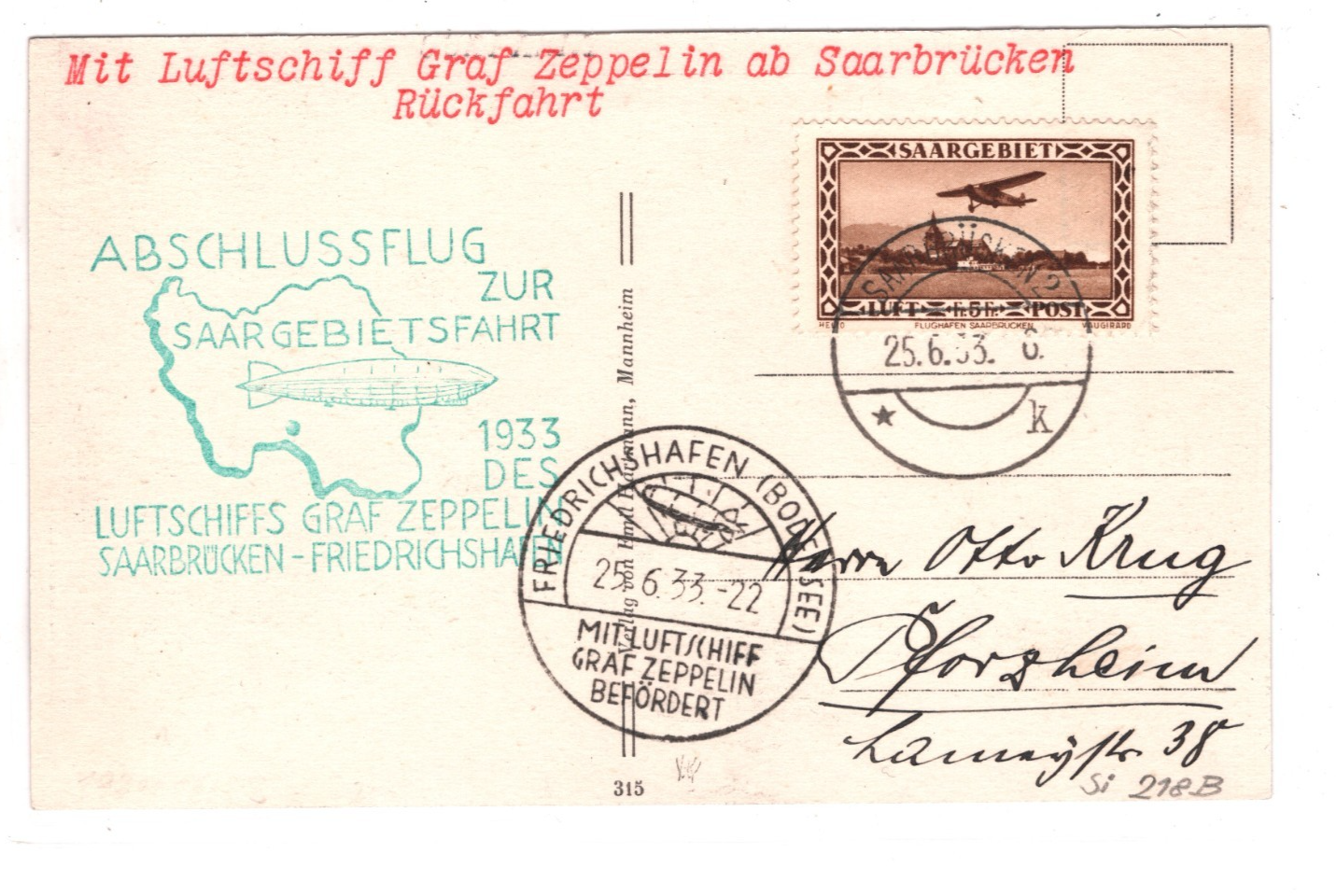 GRAF ZEPPELIN Card *SAAR* Germany 1933 Air Mail ABSCHLUSSFLUG Dorsheim KZ432 - Image 4