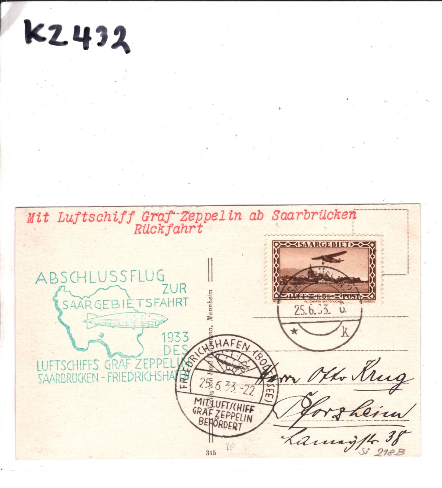 GRAF ZEPPELIN Card *SAAR* Germany 1933 Air Mail ABSCHLUSSFLUG Dorsheim KZ432 - Image 8