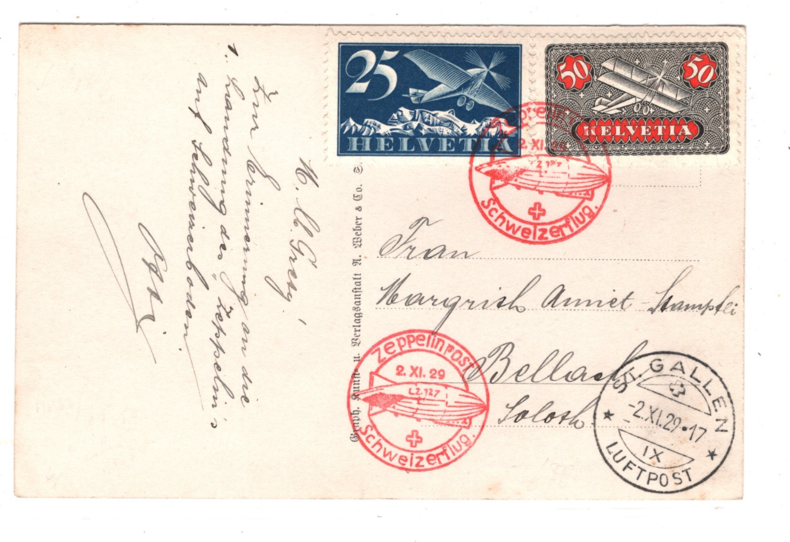 GRAF ZEPPELIN Card *SWITZERLAND* 1929 PPC Air Mail SCHWEIZERFLUG Cachet KZ6 - Image 4