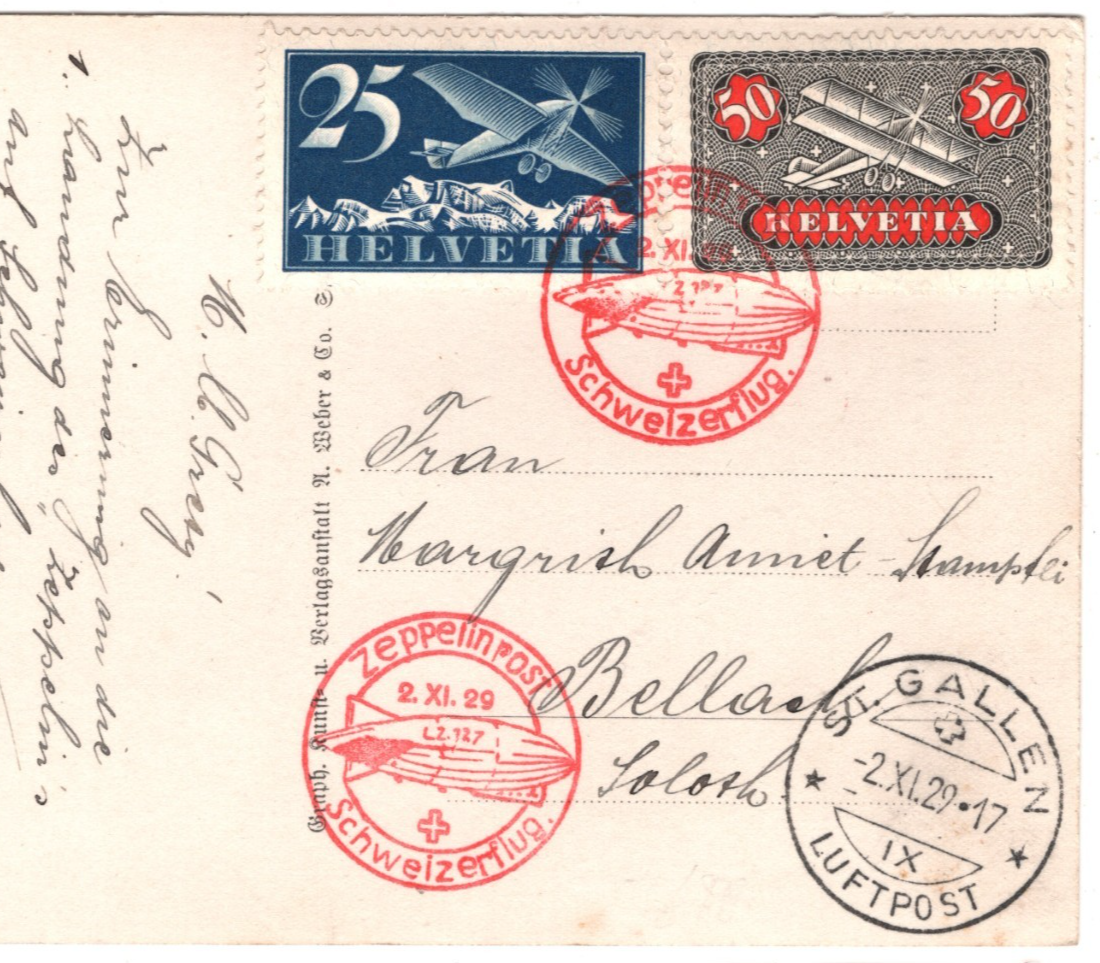 GRAF ZEPPELIN Card *SWITZERLAND* 1929 PPC Air Mail SCHWEIZERFLUG Cachet KZ6