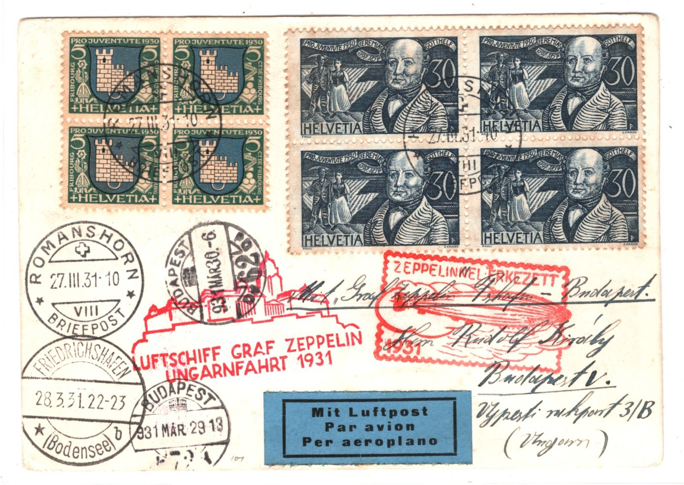 GRAF ZEPPELIN Card *SWITZERLAND* 30c Pro-Juve' BLOCK Air 1931 UNGARNFAHRT KZ158 - Image 3
