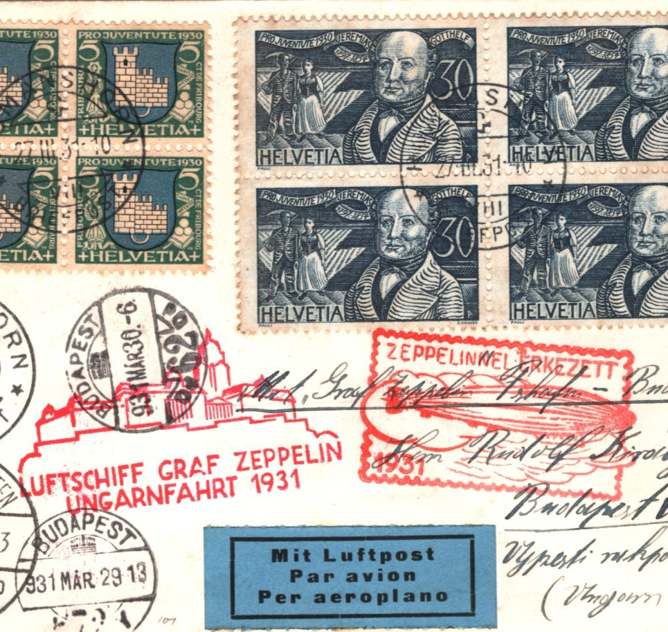 GRAF ZEPPELIN Card *SWITZERLAND* 30c Pro-Juve' BLOCK Air 1931 UNGARNFAHRT KZ158 - Image 5