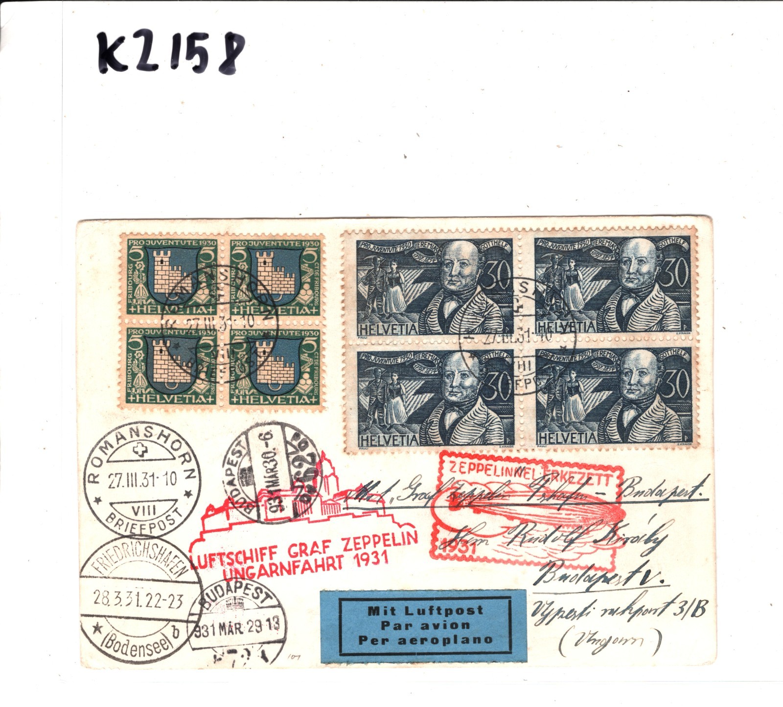 GRAF ZEPPELIN Card *SWITZERLAND* 30c Pro-Juve' BLOCK Air 1931 UNGARNFAHRT KZ158 - Image 6