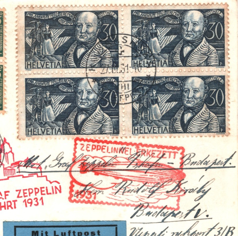 GRAF ZEPPELIN Card *SWITZERLAND* 30c Pro-Juve' BLOCK Air 1931 UNGARNFAHRT KZ158