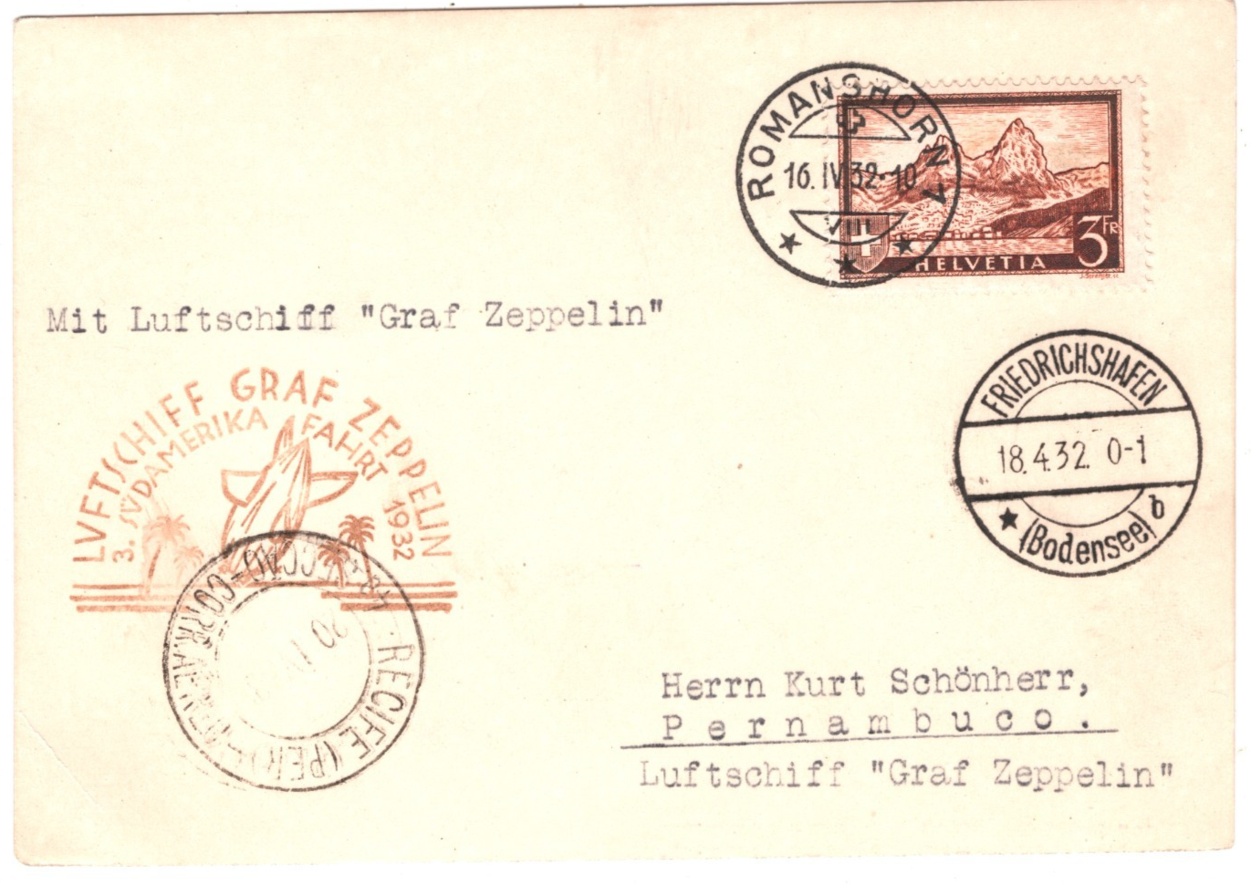 GRAF ZEPPELIN Card *SWITZERLAND* 3f Air Mail 1932 SÜDAMERIKAFAHRT Brazil KZ166 - Image 3