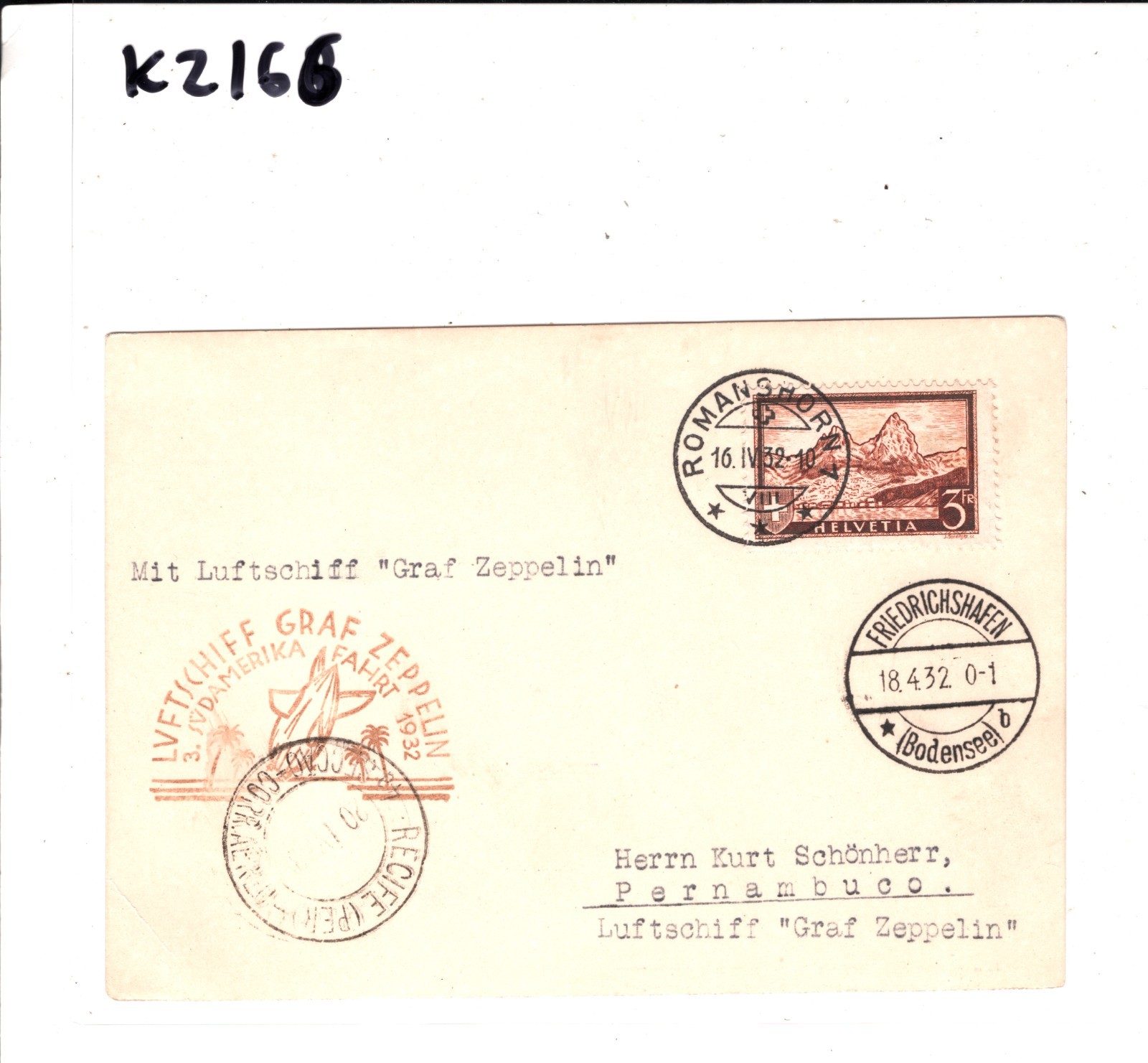 GRAF ZEPPELIN Card *SWITZERLAND* 3f Air Mail 1932 SÜDAMERIKAFAHRT Brazil KZ166 - Image 6