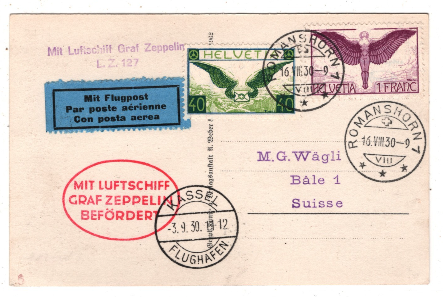 GRAF ZEPPELIN Card *SWITZERLAND* Air 1F Real Photo 1930 Romanshorn Basel KZ598 - Image 4