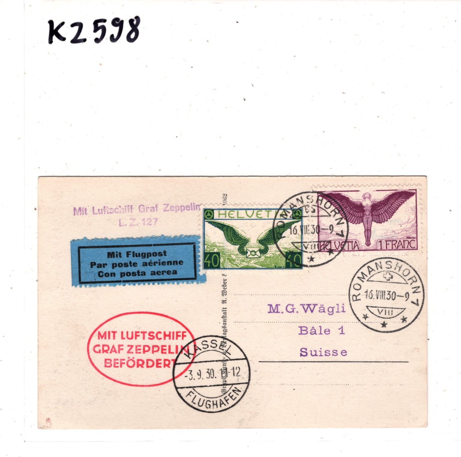 GRAF ZEPPELIN Card *SWITZERLAND* Air 1F Real Photo 1930 Romanshorn Basel KZ598 - Image 7
