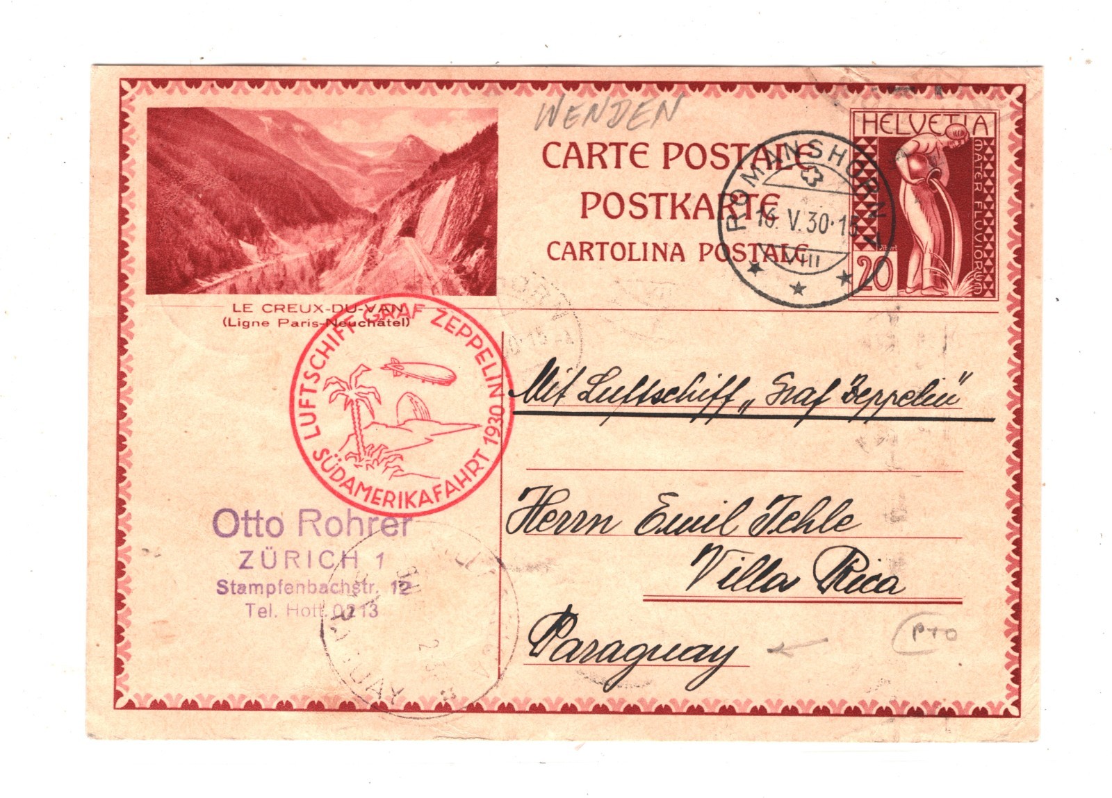 GRAF ZEPPELIN Card *SWITZERLAND* Air Mail 1930 SÜDAMERIKAFAHRT Paraguay KZ172 - Image 3