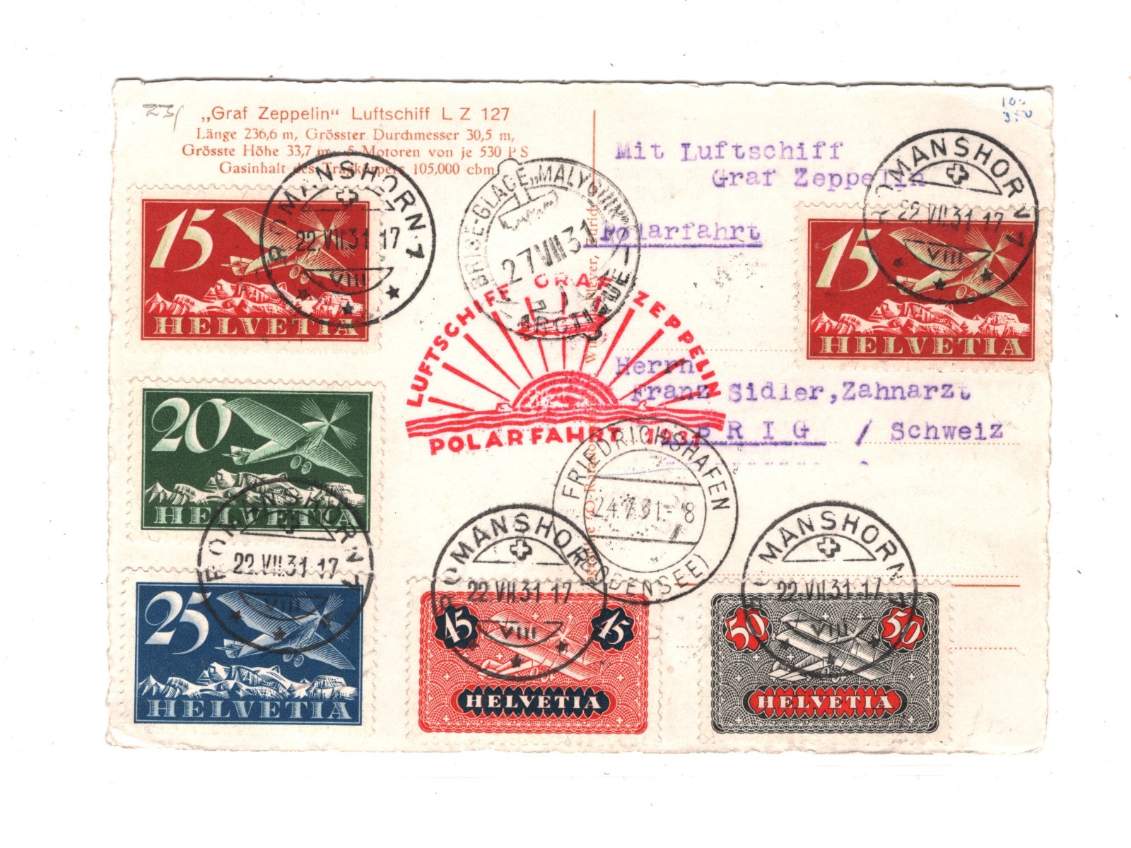 GRAF ZEPPELIN Card *SWITZERLAND* View-Side RP Air 1934 POLARFAHRT Ice Ship KZ155 - Image 3