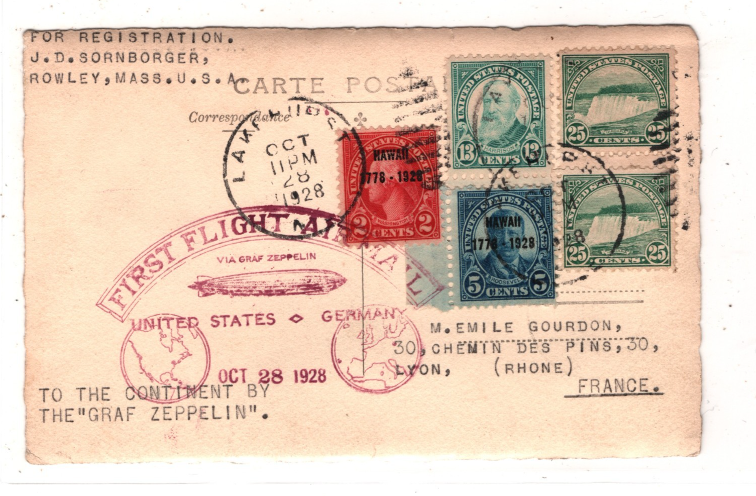 GRAF ZEPPELIN Card USA *HAWAII* O/p Air 1928 FIRST FLIGHT Lakehurst FRANCE KZ521 - Image 3
