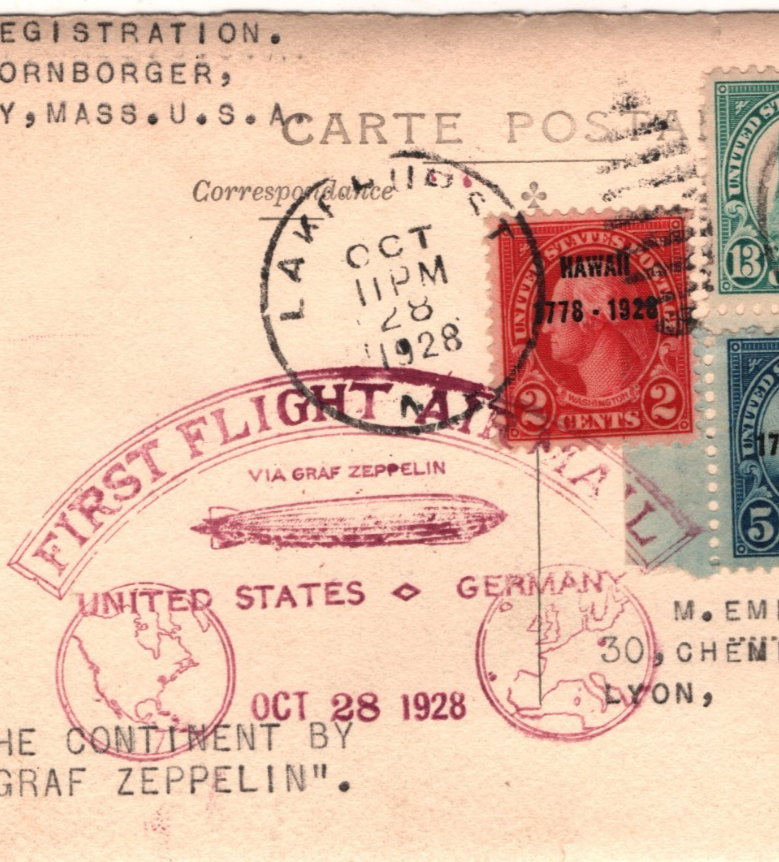 GRAF ZEPPELIN Card USA *HAWAII* O/p Air 1928 FIRST FLIGHT Lakehurst FRANCE KZ521 - Image 4