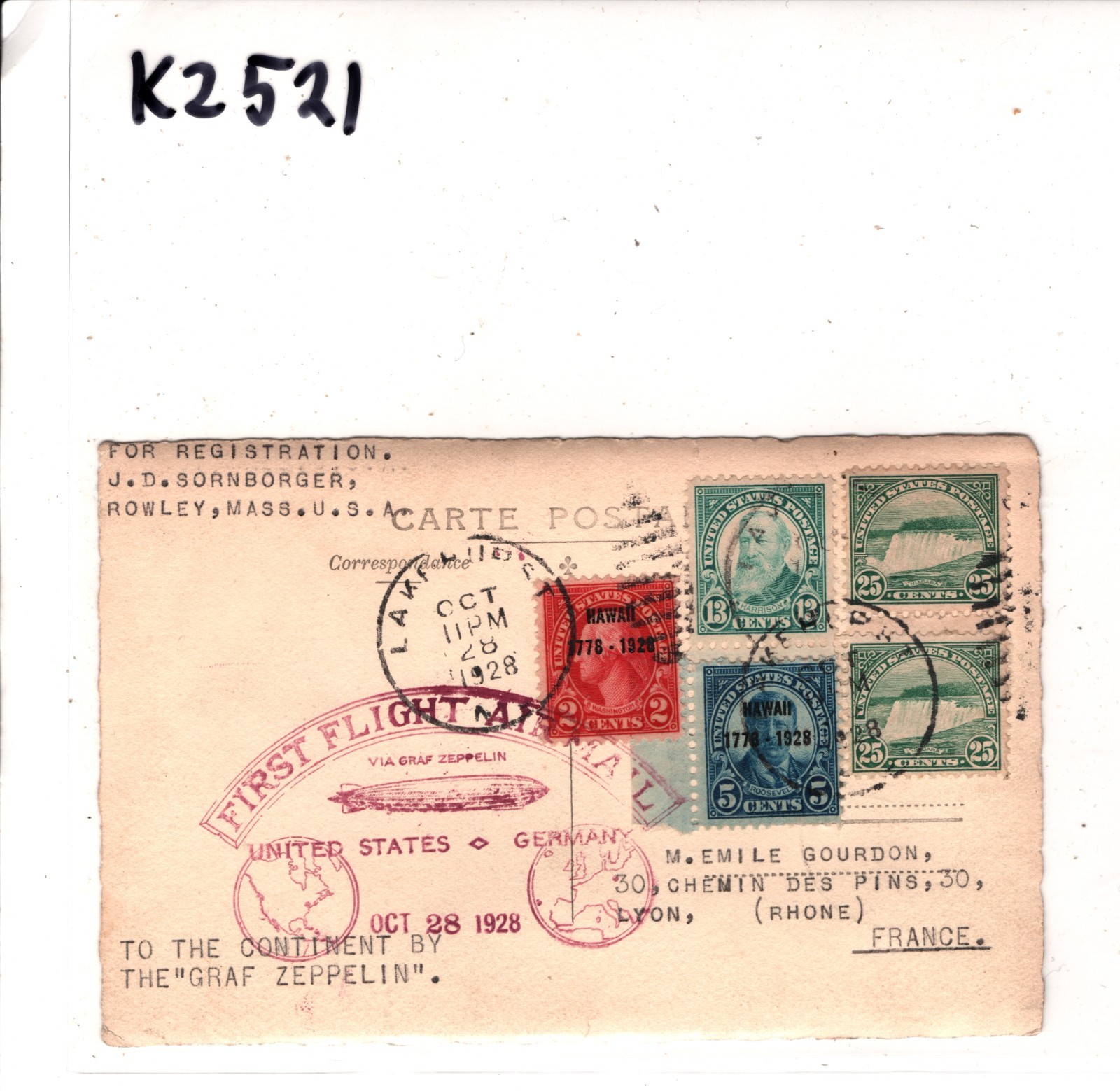 GRAF ZEPPELIN Card USA *HAWAII* O/p Air 1928 FIRST FLIGHT Lakehurst FRANCE KZ521 - Image 6