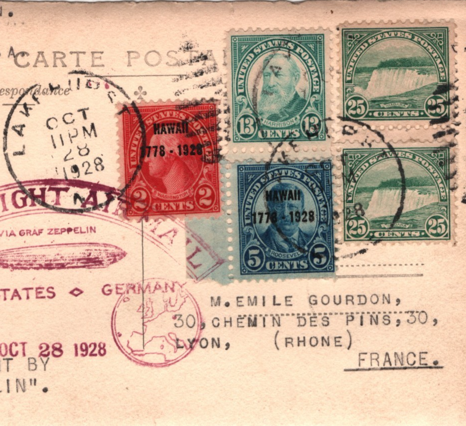 GRAF ZEPPELIN Card USA *HAWAII* O/p Air 1928 FIRST FLIGHT Lakehurst FRANCE KZ521