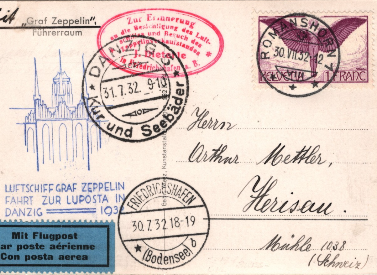 GRAF ZEPPELIN Cockpit Card *SWITZERLAND* 1Fr Air Mail 1932 DANZIG LUPOSTA KZ593 - Image 4