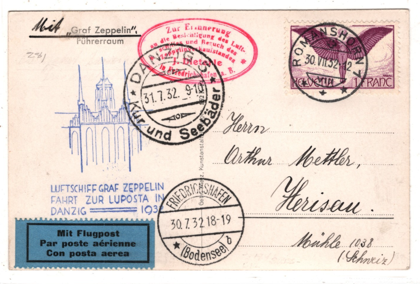GRAF ZEPPELIN Cockpit Card *SWITZERLAND* 1Fr Air Mail 1932 DANZIG LUPOSTA KZ593 - Image 5