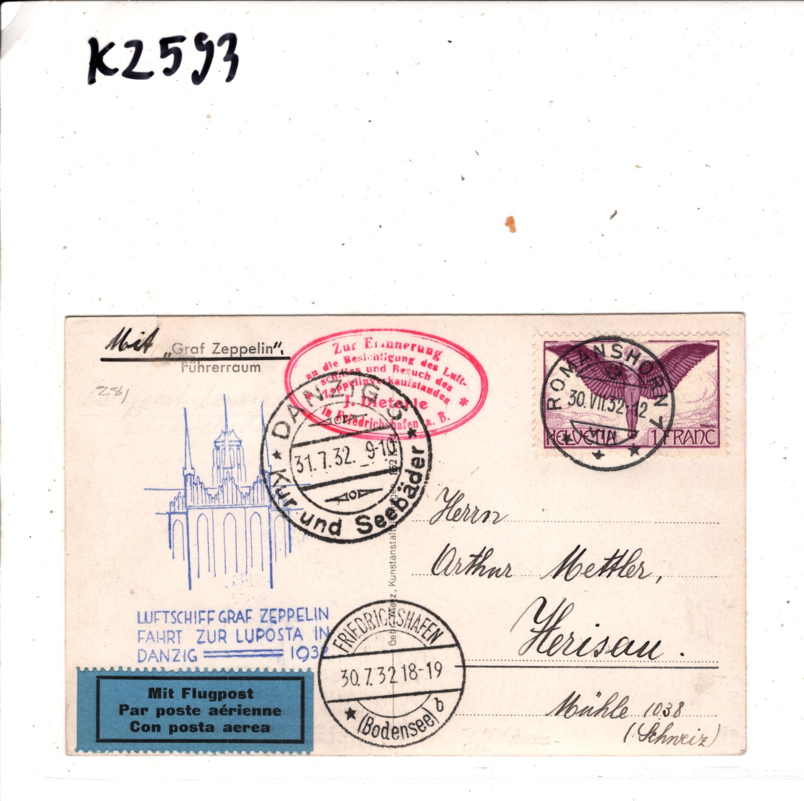 GRAF ZEPPELIN Cockpit Card *SWITZERLAND* 1Fr Air Mail 1932 DANZIG LUPOSTA KZ593 - Image 9