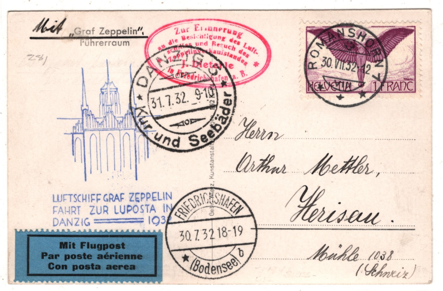 GRAF ZEPPELIN Cockpit Card *SWITZERLAND* 1Fr Air Mail 1932 DANZIG LUPOSTA KZ593