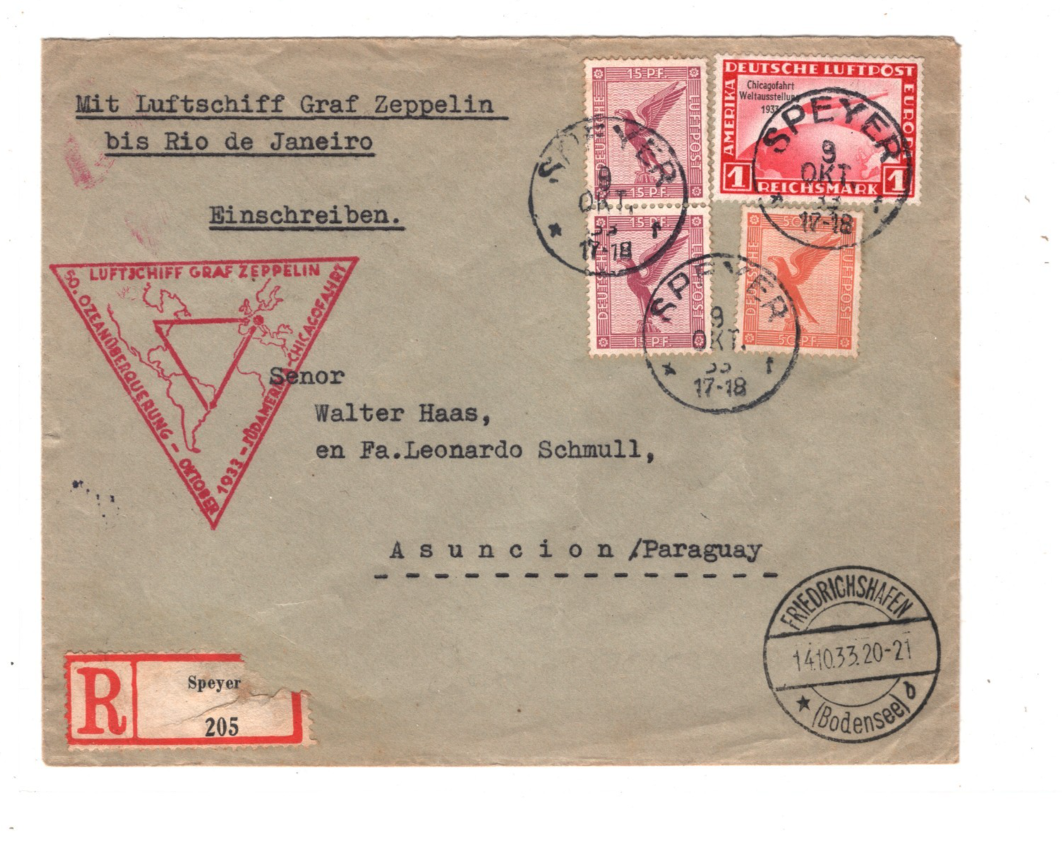 GRAF ZEPPELIN Cover 1m *CHICAGOFAHRT* Overprint Air Paraguay #C43 Cat $425+ KZ58 - Image 3