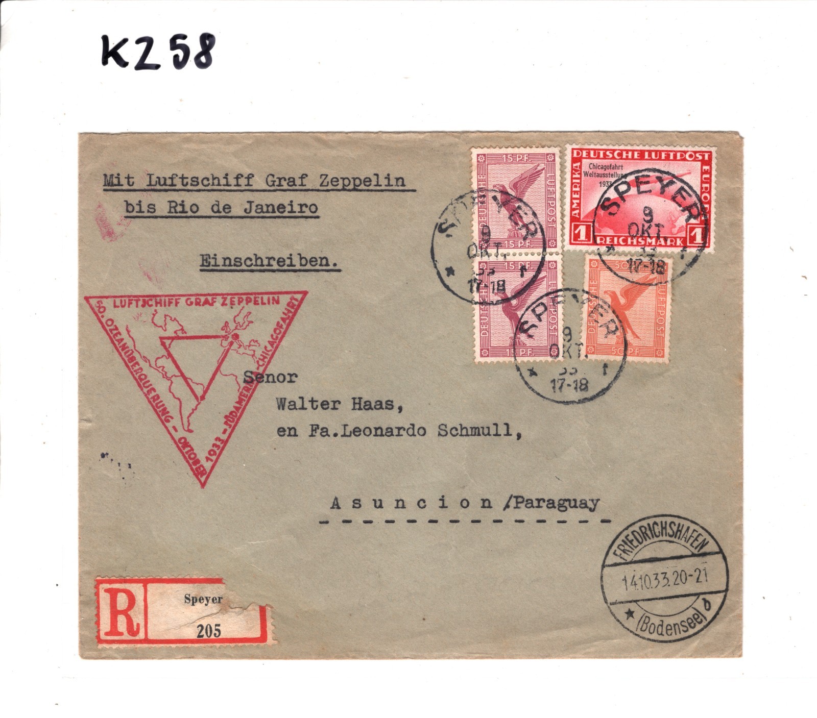 GRAF ZEPPELIN Cover 1m *CHICAGOFAHRT* Overprint Air Paraguay #C43 Cat $425+ KZ58 - Image 5