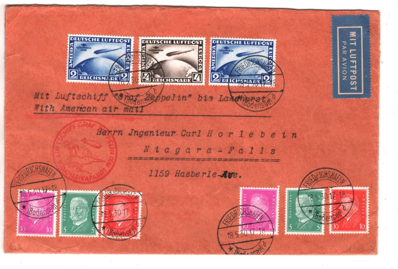 GRAF ZEPPELIN Cover 4m 2m{2} *SÜDAMERIKAFAHRT* Overprint Air Mail 1930 USA KZ53 - Image 3