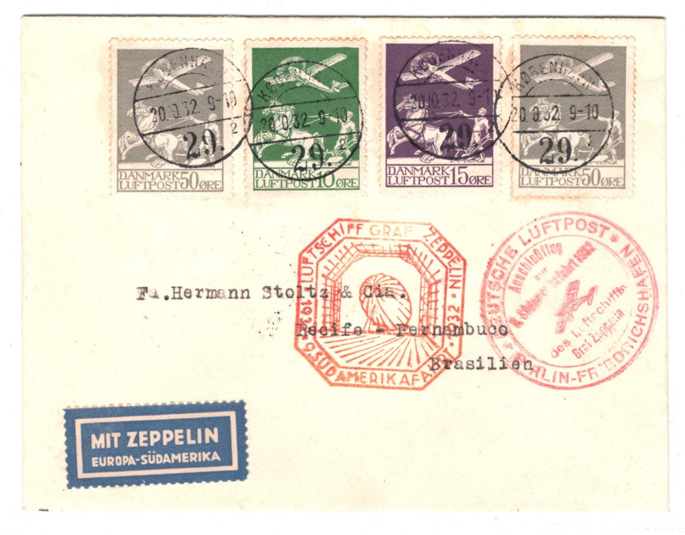 GRAF ZEPPELIN Cover *DENMARK* Treaty Air 1932 9.SÜDAMERIKAFAHRT Brazil KZ398 - Image 3