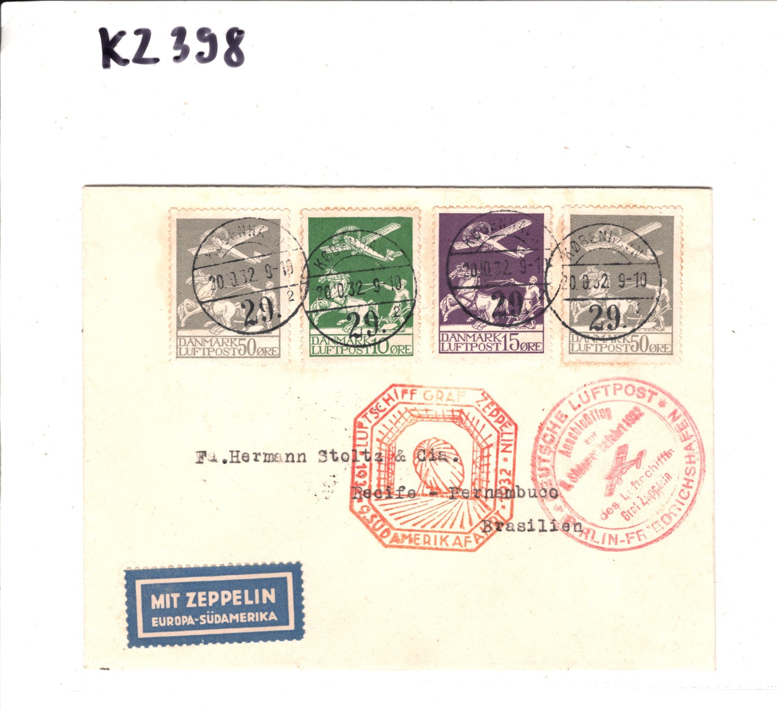 GRAF ZEPPELIN Cover *DENMARK* Treaty Air 1932 9.SÜDAMERIKAFAHRT Brazil KZ398 - Image 5