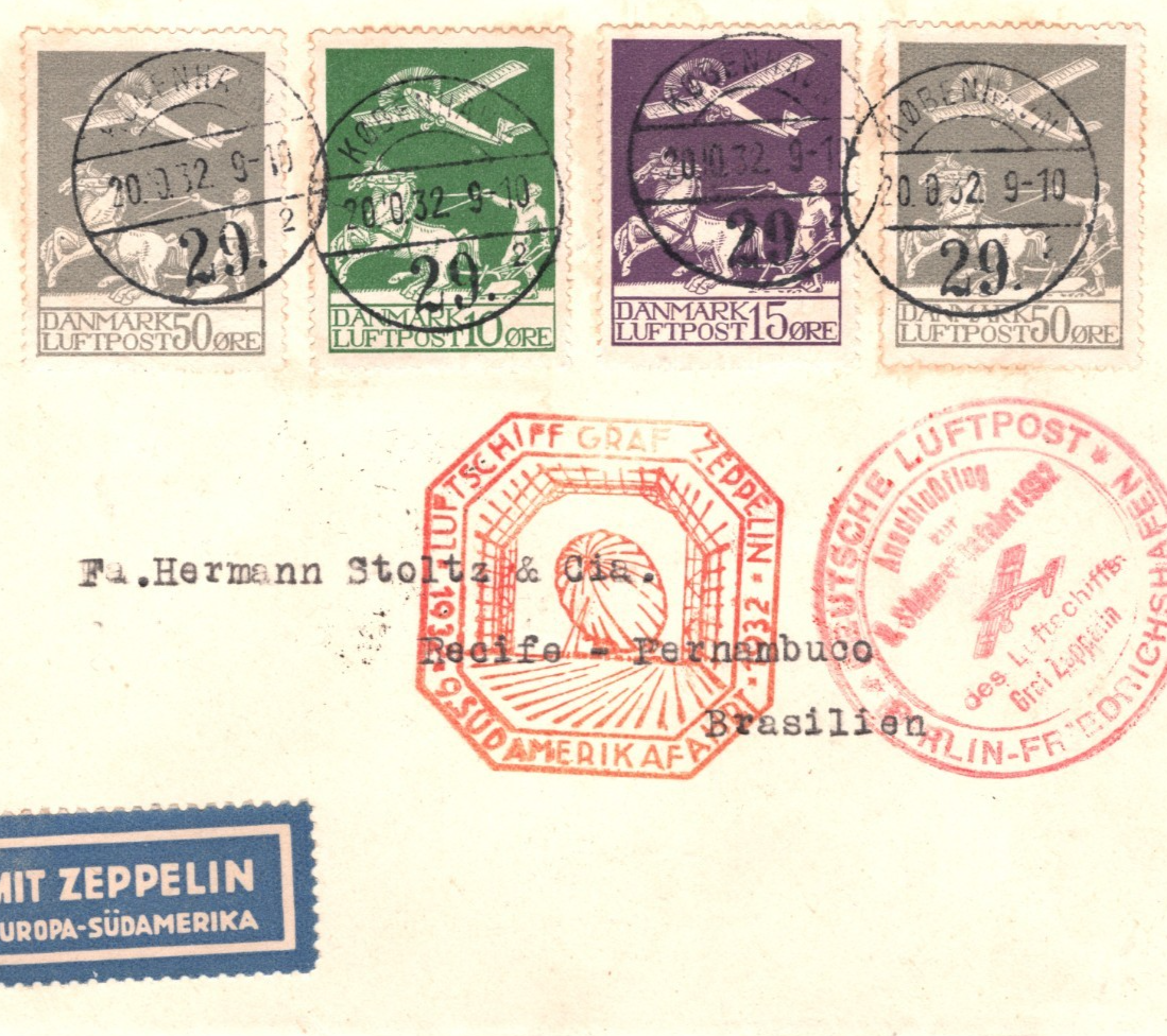 GRAF ZEPPELIN Cover *DENMARK* Treaty Air 1932 9.SÜDAMERIKAFAHRT Brazil KZ398