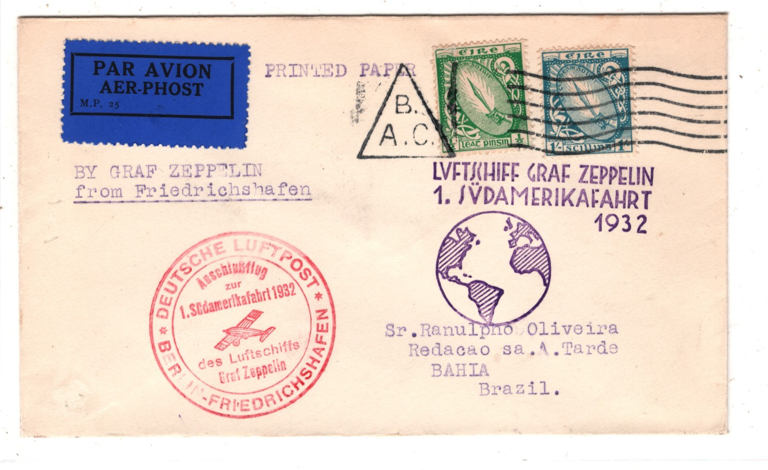 GRAF ZEPPELIN Cover *EIRE* Ireland Air Mail 1.SÜDAMERIKAFAHRT 1932 Brazil KZ285 - Image 2